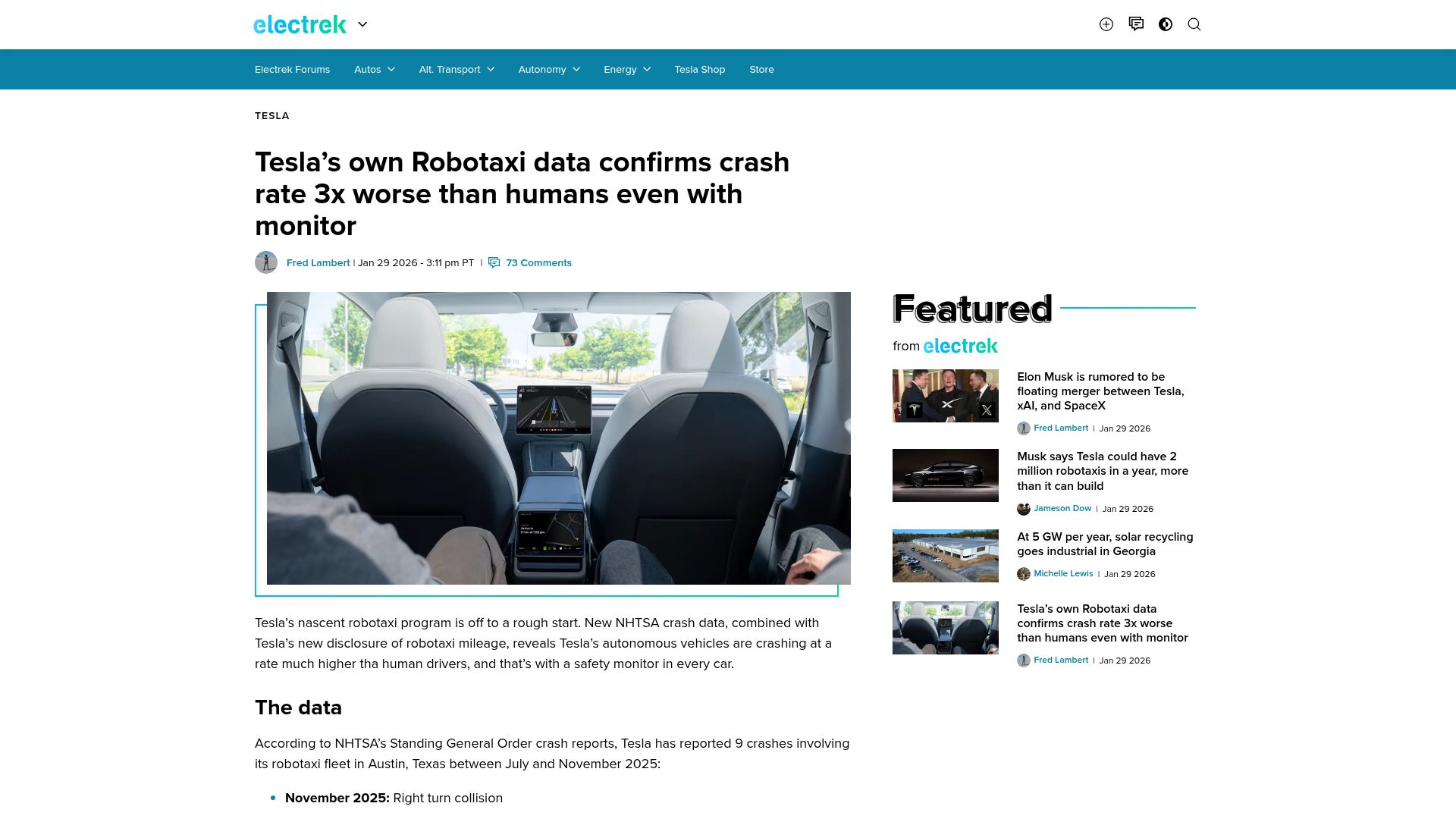 Screenshot of electrek.co: Tesla’s autonomous vehicles are crashing at a rate much higher tha human drivers