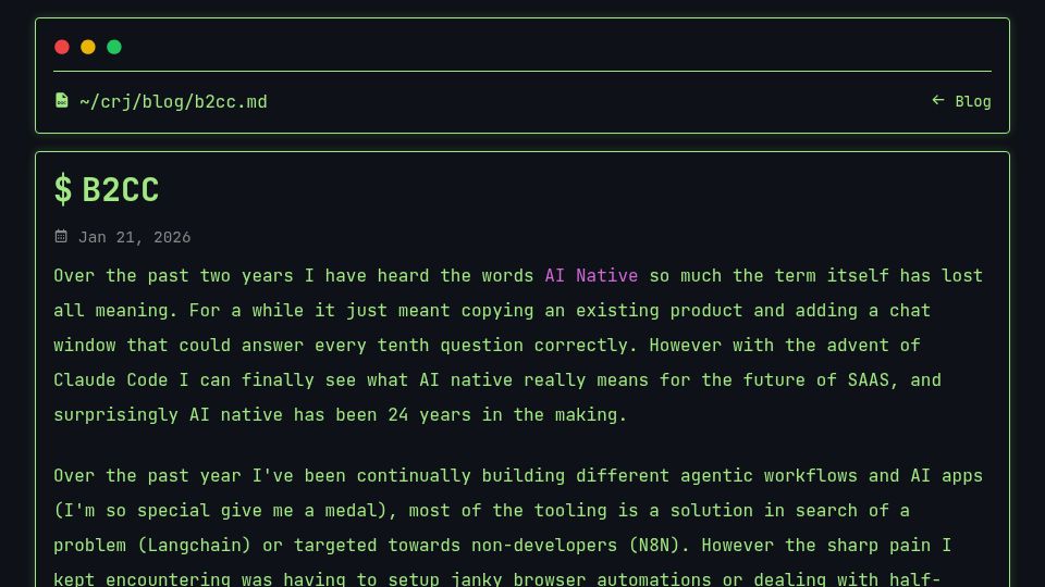 Screenshot of calebjohn.xyz: Claude Code is your customer