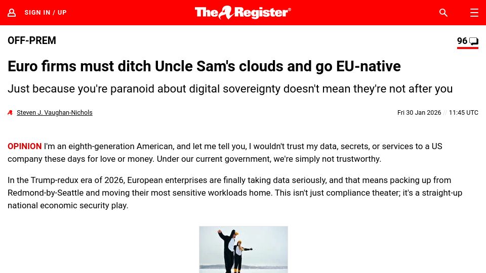 Screenshot of theregister.com: Euro firms must ditch Uncle Sam's clouds and go EU-native