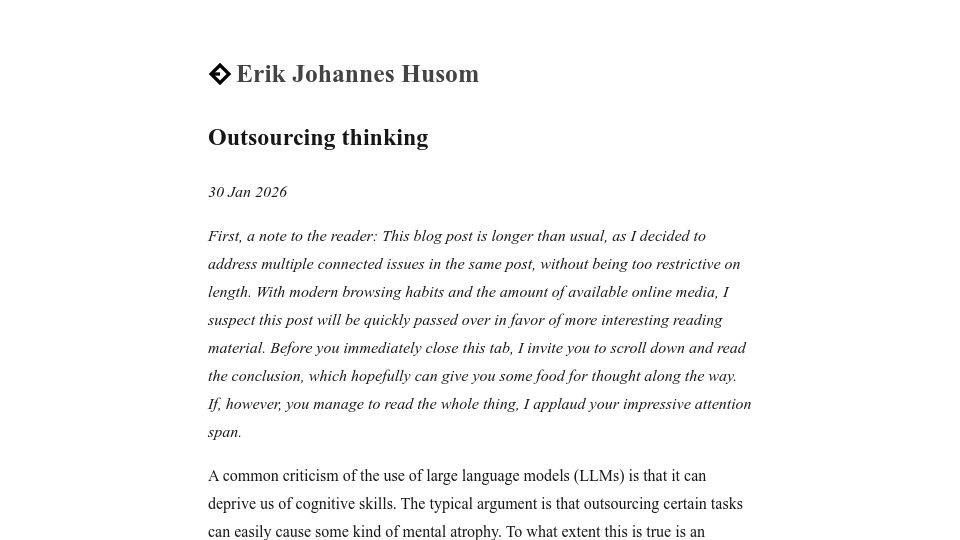 Screenshot of erikjohannes.no: Outsourcing thinking