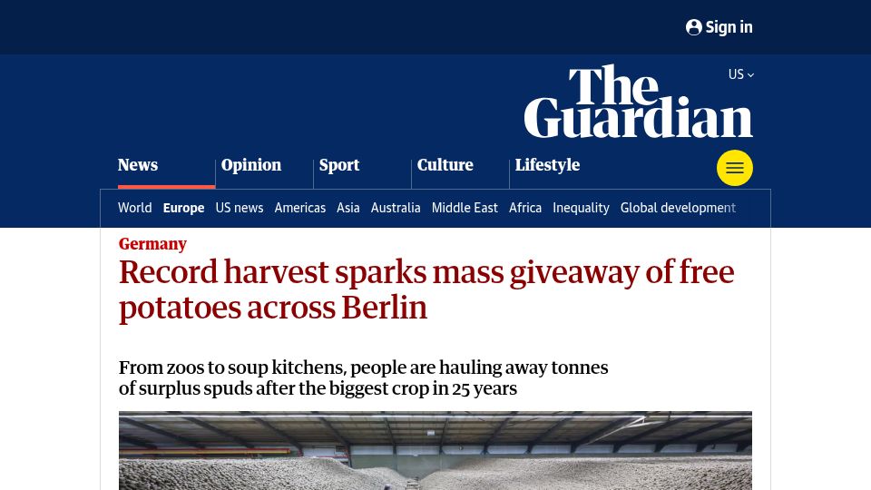 Screenshot of theguardian.com: Berlin: Record harvest sparks mass giveaway of free potatoes
