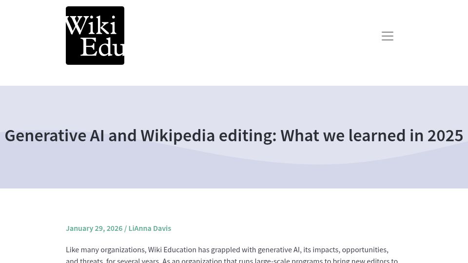 Screenshot of wikiedu.org: Generative AI and Wikipedia editing: What we learned in 2025