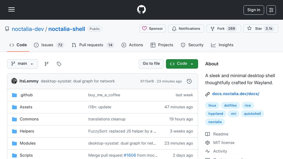 Screenshot of github.com: Noctia: A sleek and minimal desktop shell thoughtfully crafted for Wayland