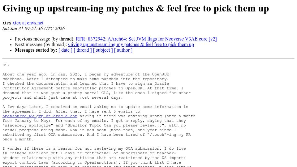 Screenshot of mail.openjdk.org: Giving up upstream-ing my patches and feel free to pick them up