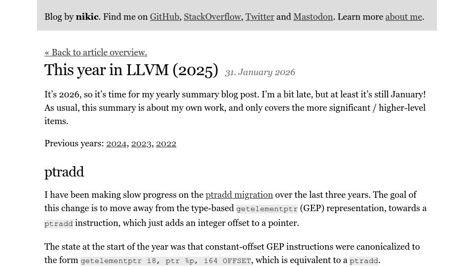 Screenshot of npopov.com: This Year in LLVM (2025)