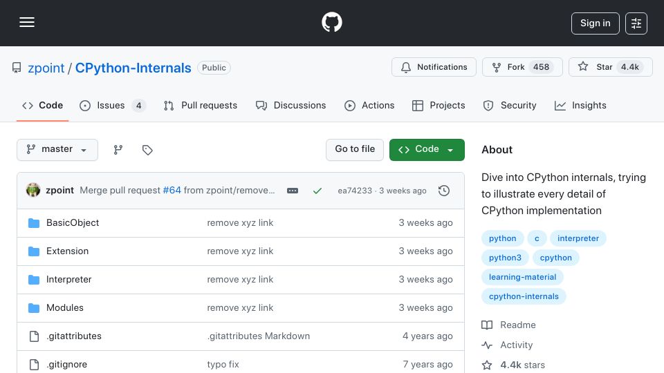 Screenshot of github.com: CPython Internals Explained