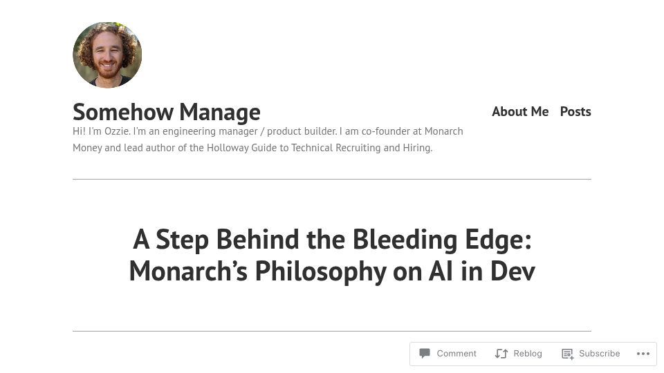 Screenshot of somehowmanage.com: A Step Behind the Bleeding Edge: A Philosophy on AI in Dev
