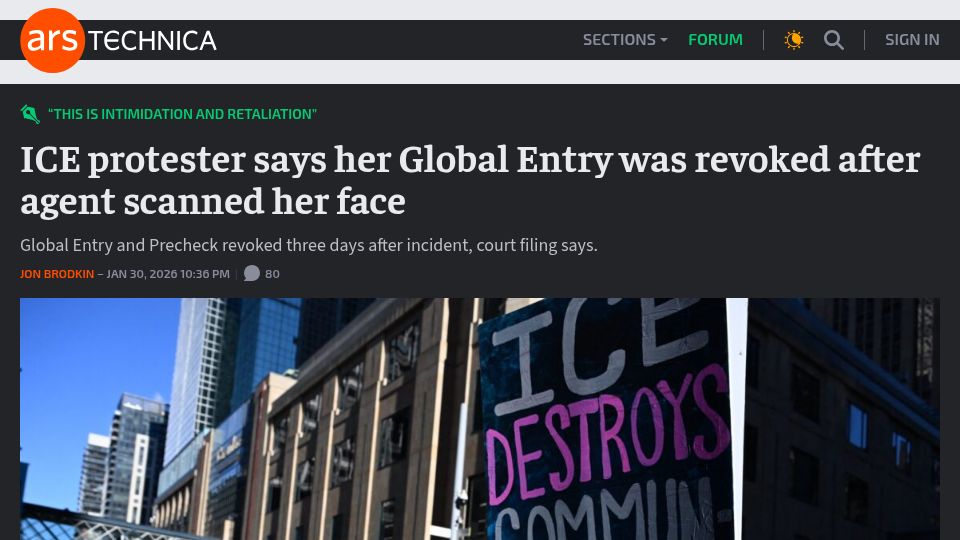Screenshot of arstechnica.com: Target director's Global Entry was revoked after ICE used app to scan her face
