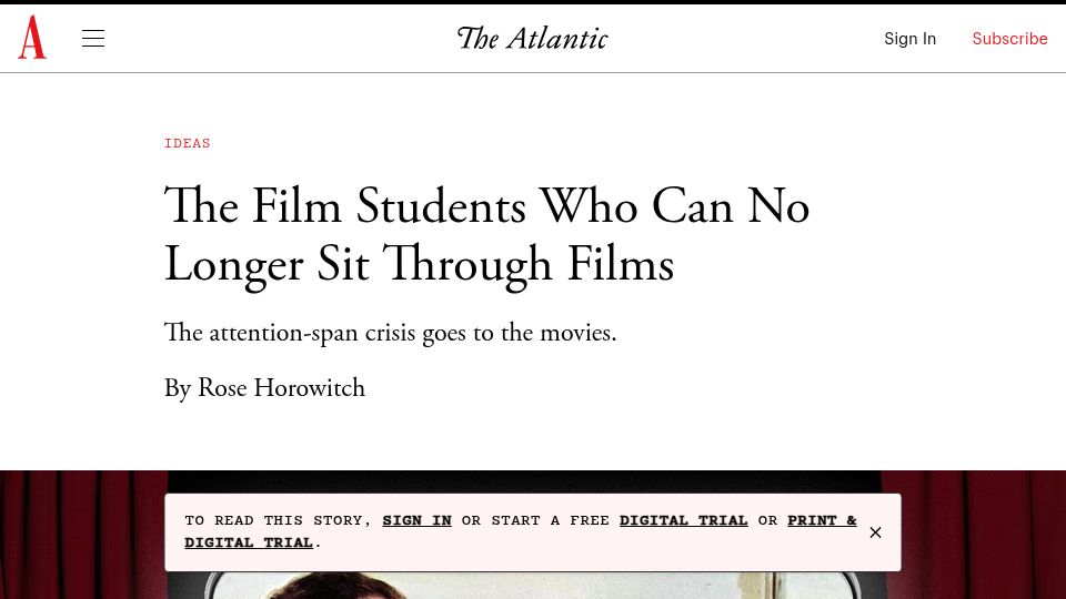 Screenshot of theatlantic.com: Film students who can no longer sit through films