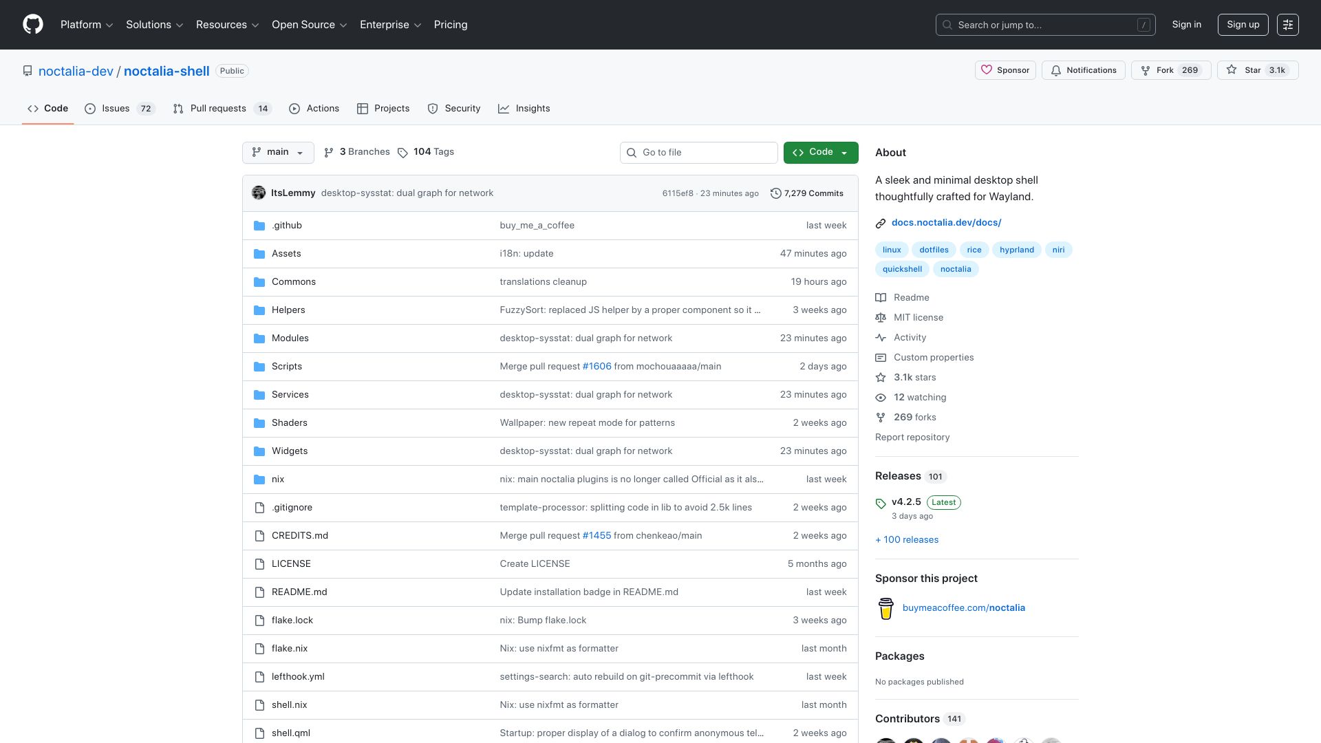 Screenshot of github.com: Noctia: A sleek and minimal desktop shell thoughtfully crafted for Wayland