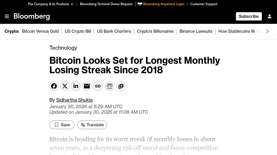 Screenshot of bloomberg.com: Bitcoin Looks Set for Longest Monthly Losing Streak Since 2018