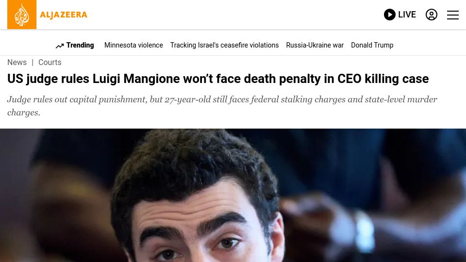 Screenshot of aljazeera.com: US judge rules Luigi Mangione won't face death penalty in CEO killing case