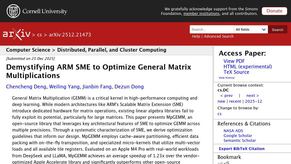 Screenshot of arxiv.org: Demystifying ARM SME to Optimize General Matrix Multiplications