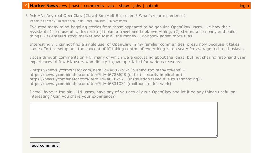 Screenshot of Hacker News post: Ask HN: Any real OpenClaw (Clawd Bot/Molt Bot) users? What's your experience?