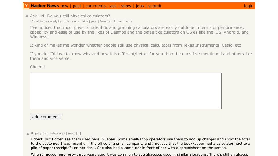 Screenshot of Hacker News post: Ask HN: Do you still use physical calculators?