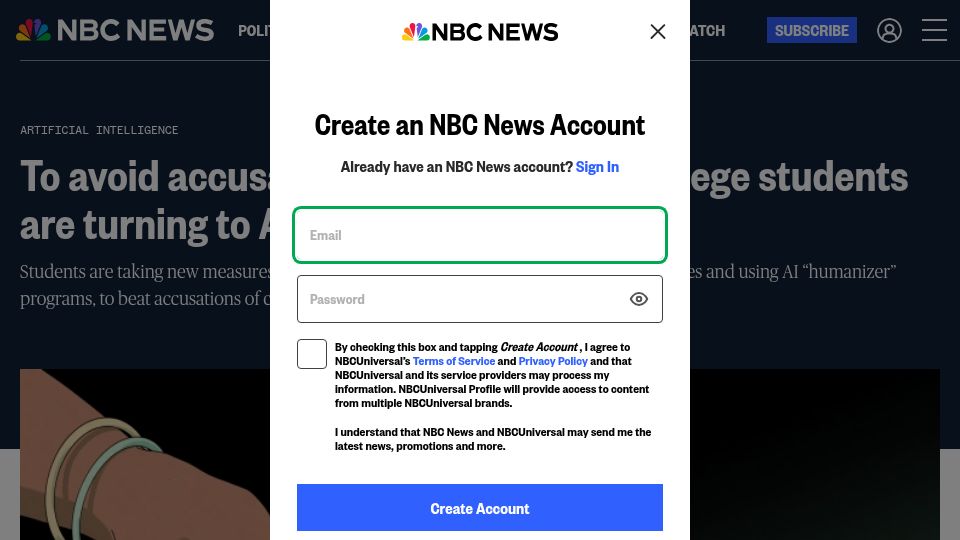 Screenshot of nbcnews.com: Students using “humanizer” programs to beat accusations of cheating with AI