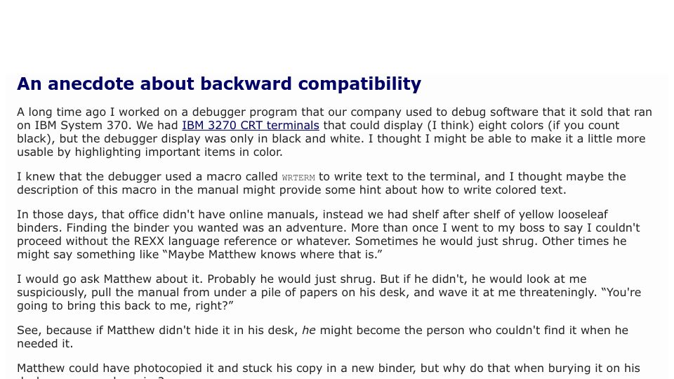 Screenshot of blog.plover.com: An anecdote about backward compatibility