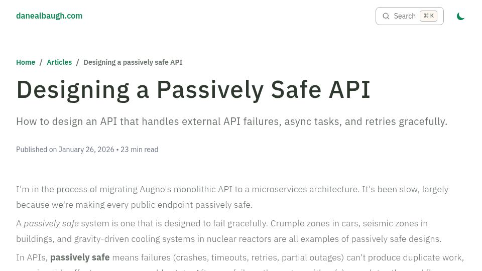 Screenshot of danealbaugh.com: Designing a Passively Safe API