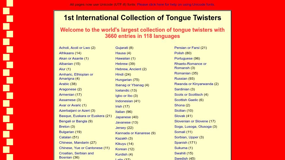 Screenshot of tongue-twister.net: International Collection of Tongue Twisters (2018)