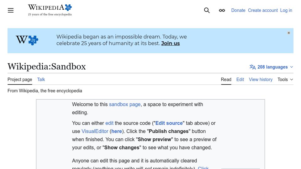 Screenshot of en.wikipedia.org: Wikipedia: Sandbox