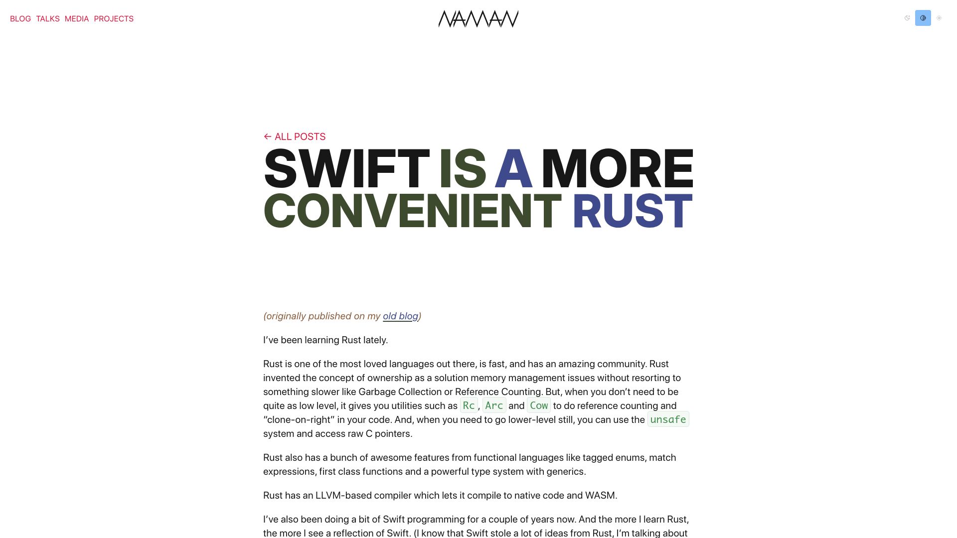 Screenshot of nmn.sh: Swift is a more convenient Rust (2023)