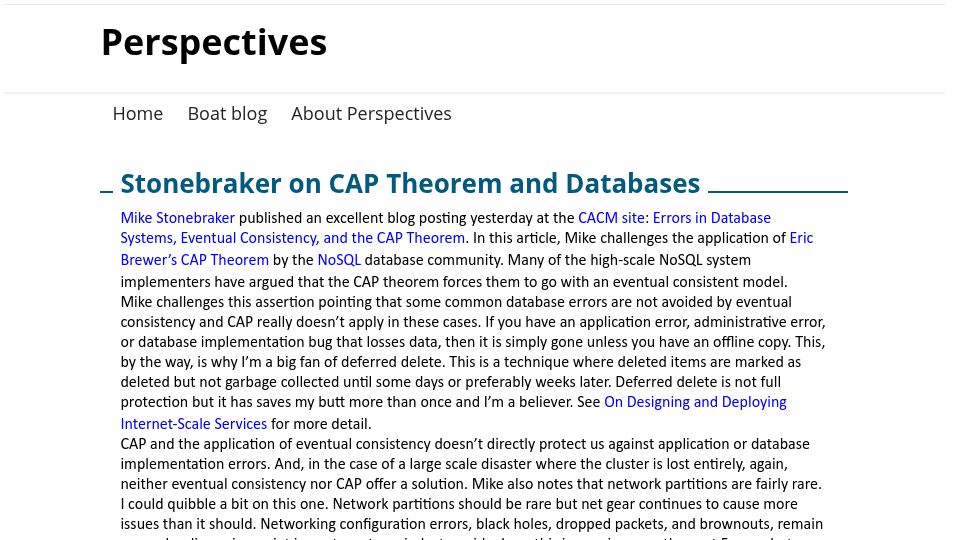 Screenshot of perspectives.mvdirona.com: Stonebraker on CAP theorem and Databases (2010)