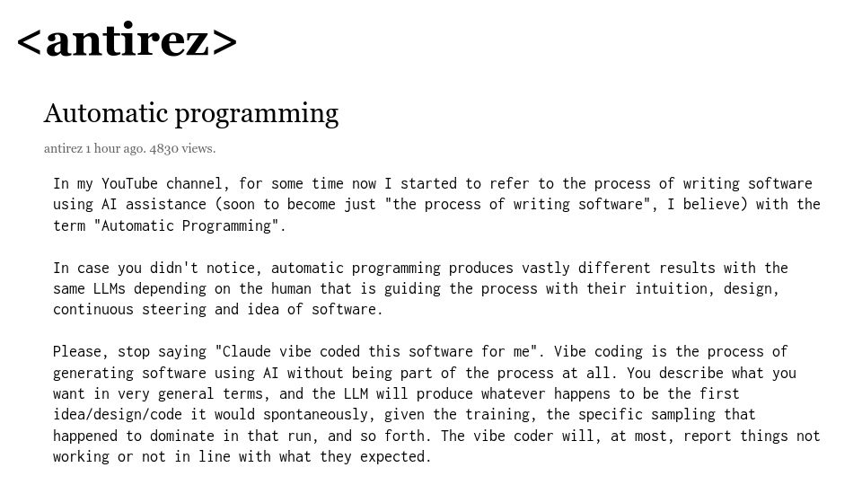 Screenshot of antirez.com: Automatic Programming