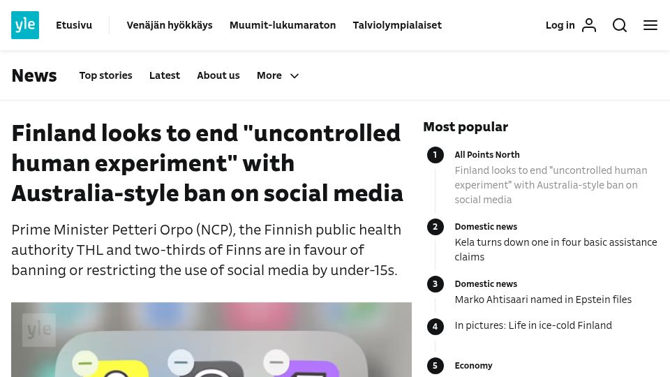 Screenshot of yle.fi: Finland looks to introduce Australia-style ban on social media