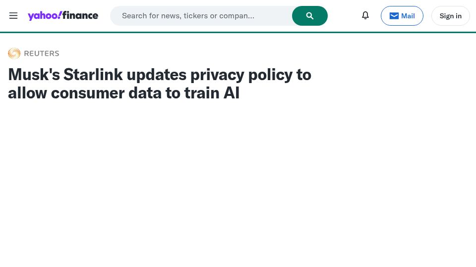 Screenshot of finance.yahoo.com: Starlink updates privacy policy to allow consumer data to train