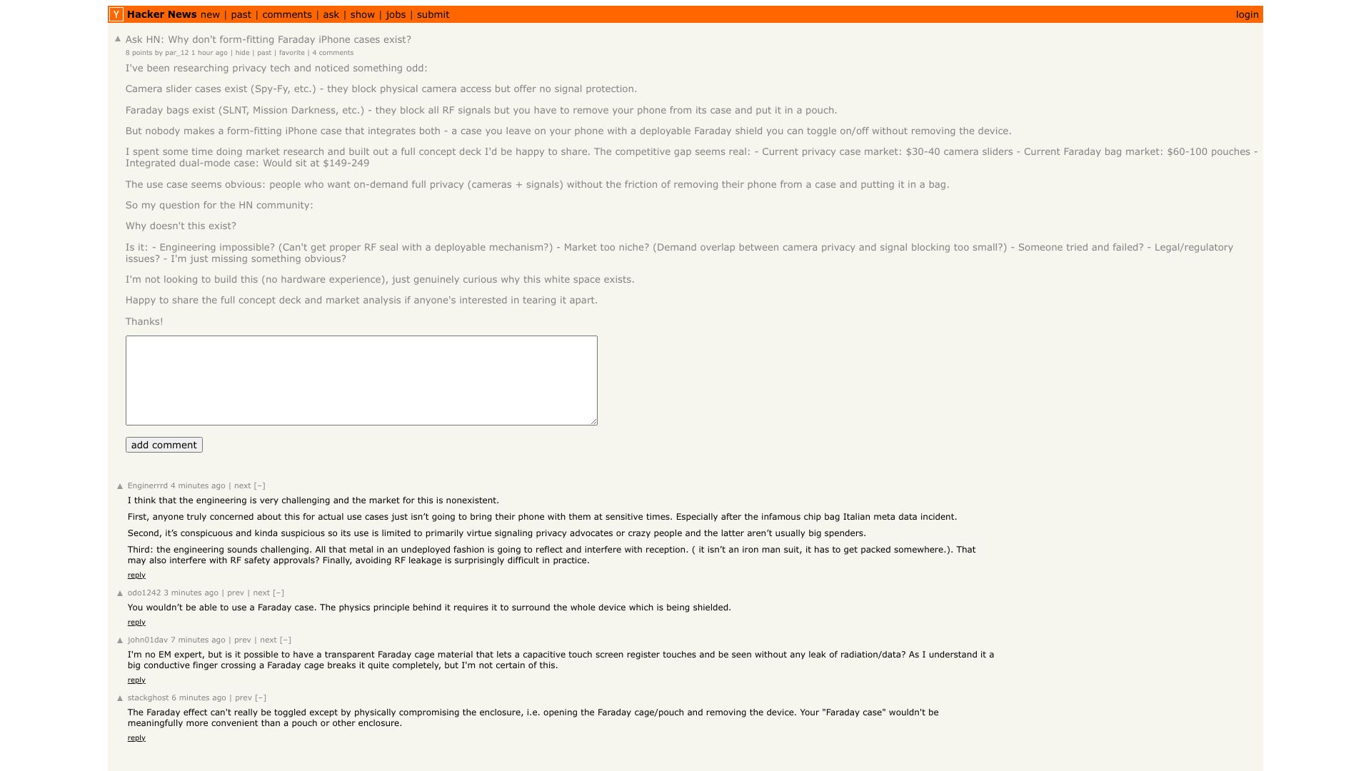 Screenshot of this Hacker News post: Ask HN: Why don't form-fitting Faraday iPhone cases exist?