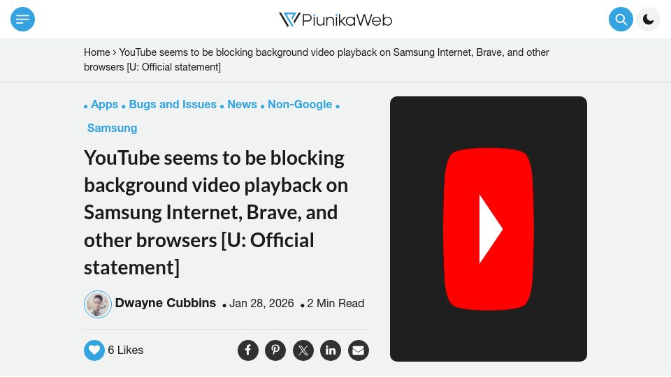 Screenshot of piunikaweb.com: YouTube blocks background video playback on Brave and other Browsers