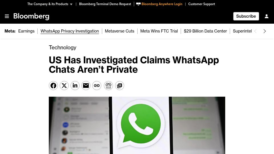 Screenshot of bloomberg.com: US has investigated claims WhatsApp chats aren't private