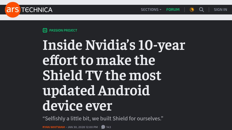 Screenshot of arstechnica.com: Nvidia's 10-year effort to make the Shield TV the most updated Android device