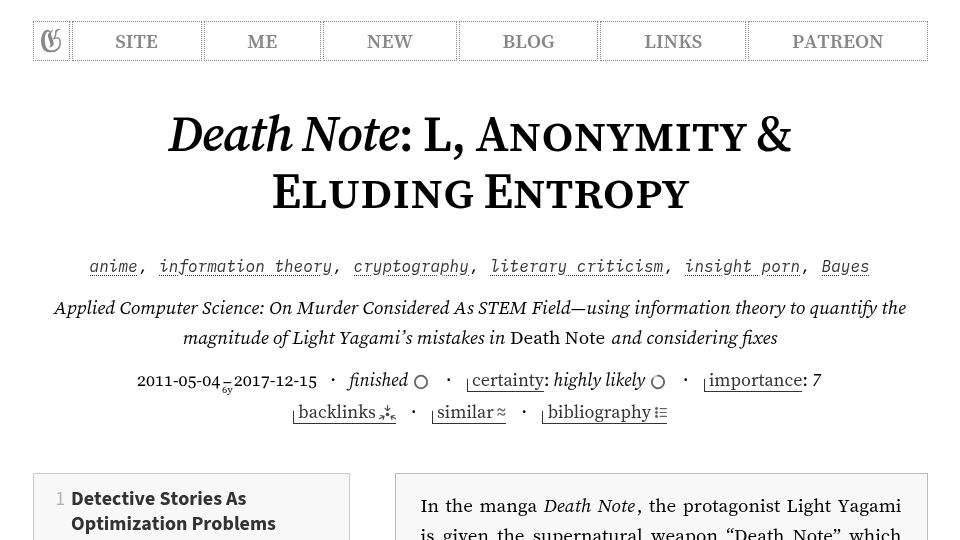 Screenshot of gwern.net: Death Note: L, Anonymity and Eluding Entropy (2011)