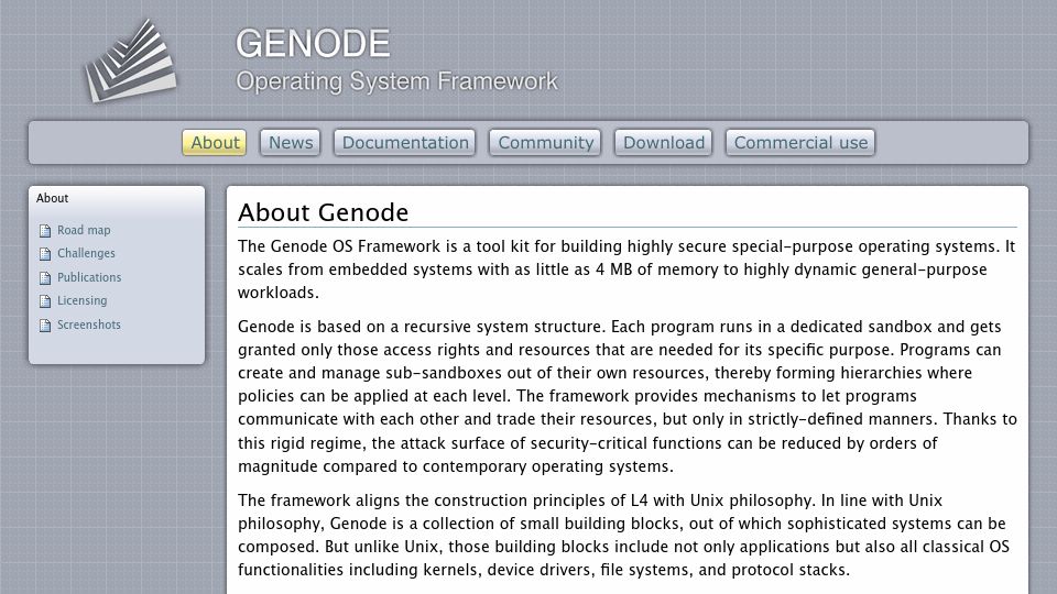Screenshot of genode.org: Genode OS is a tool kit for building highly secure special-purpose OS