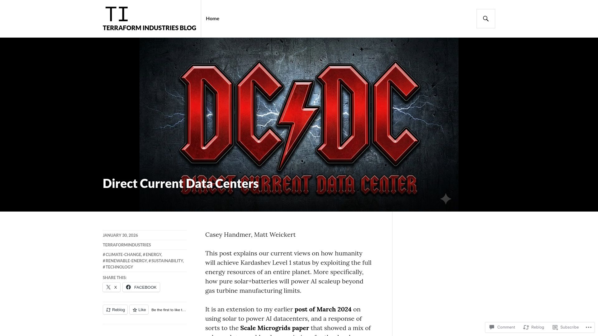 Screenshot of terraformindustries.wordpress.com: Direct Current Data Centers