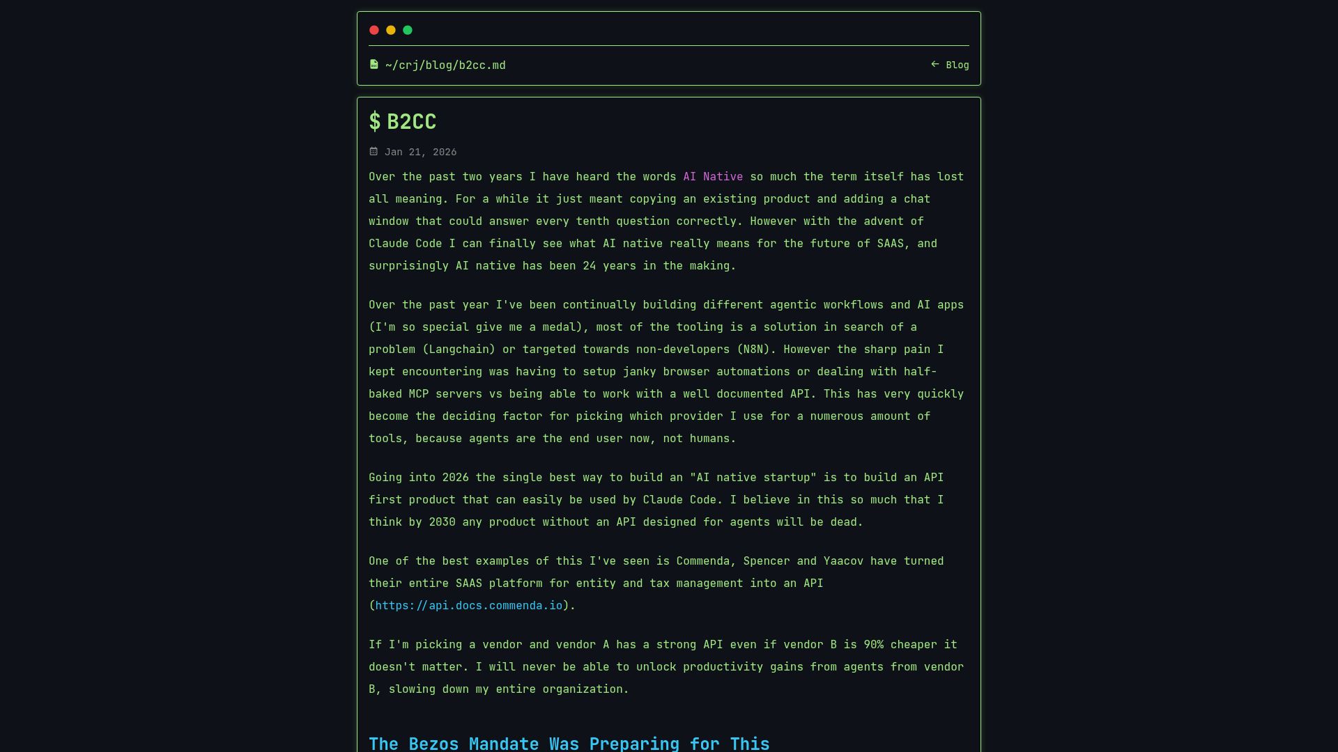 Screenshot of calebjohn.xyz: Claude Code is your customer