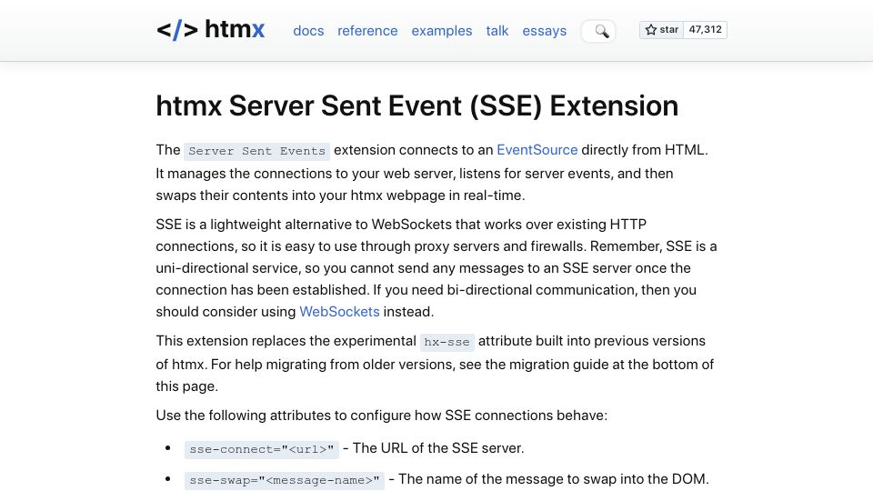 Screenshot of htmx.org: htmx: Server Sent Event (SSE) Extension