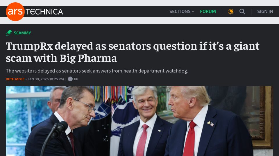 Screenshot of arstechnica.com: TrumpRx delayed as senators question if it's a giant scam with Big Pharma