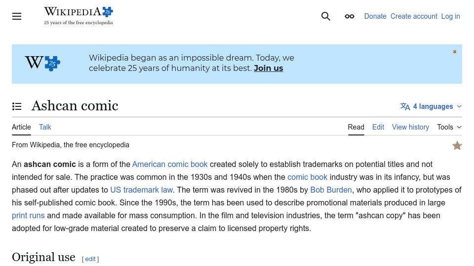 Screenshot of en.wikipedia.org: Ashcan Comic