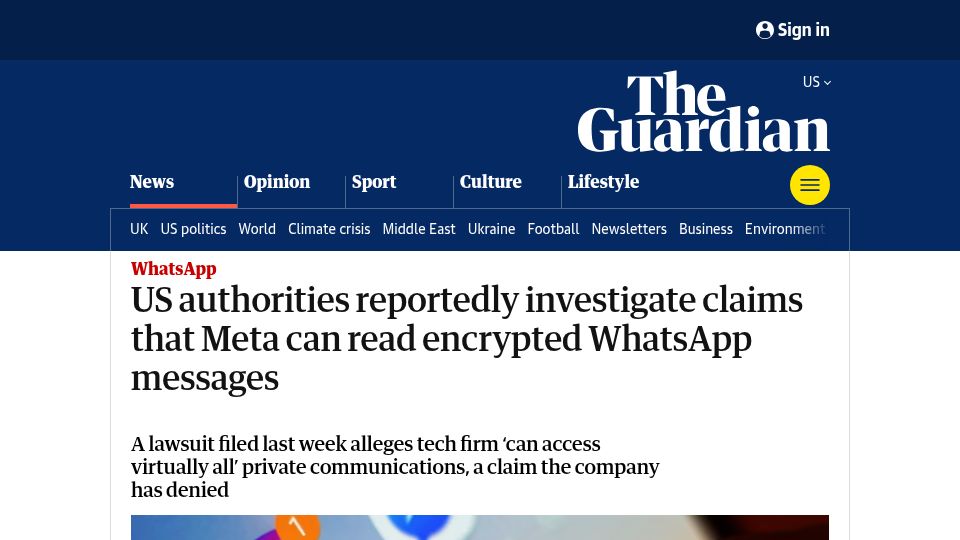 Screenshot of theguardian.com: US reportedly investigate claims that Meta can read encrypted WhatsApp messages