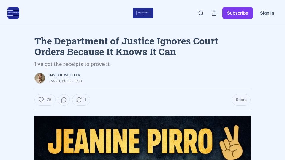 Screenshot of americanmuckrakers.com: The Department of Justice Ignores Court Orders Because It Knows It Can