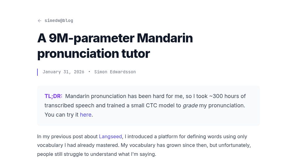 Screenshot of simedw.com: Show HN: I trained a 9M speech model to fix my Mandarin tones