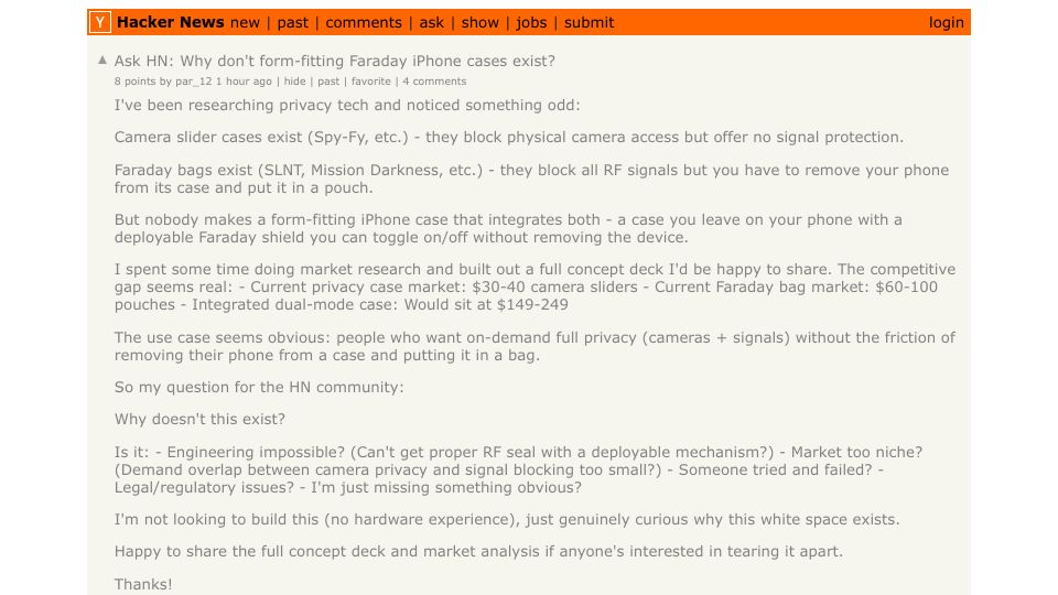 Screenshot of Hacker News post: Ask HN: Why don't form-fitting Faraday iPhone cases exist?