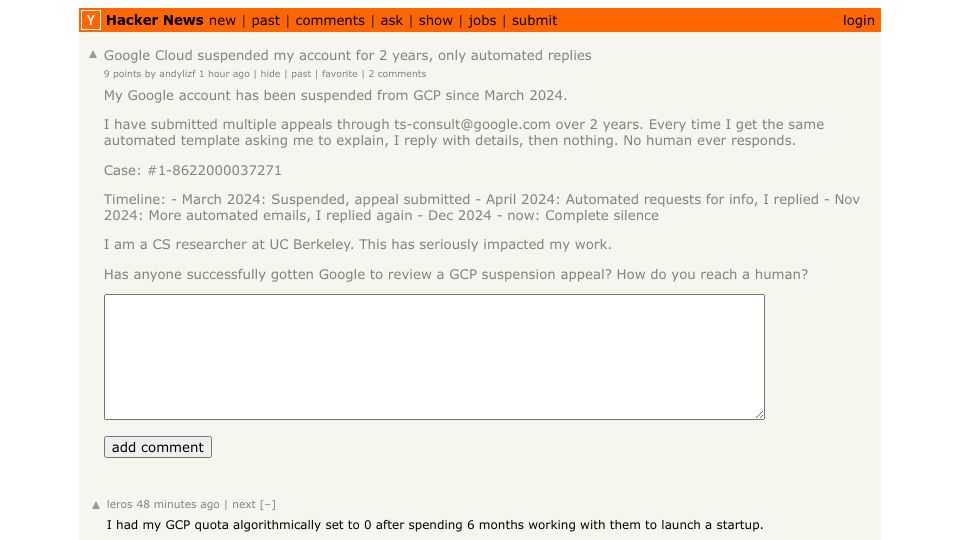 Screenshot of Hacker News post: Google Cloud suspended my account for 2 years, only automated replies