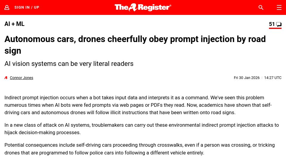 Screenshot of theregister.com: Autonomous cars, drones cheerfully obey prompt injection by road sign