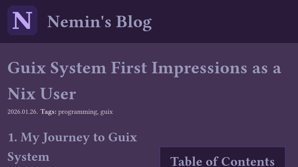 Screenshot of nemin.hu: Guix System First Impressions as a Nix User