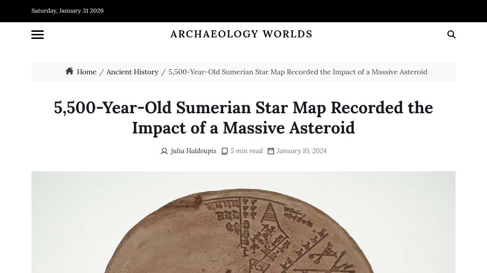 Screenshot of archaeologyworlds.com: Sumerian Star Map Recorded the Impact of an Asteroid (2024)