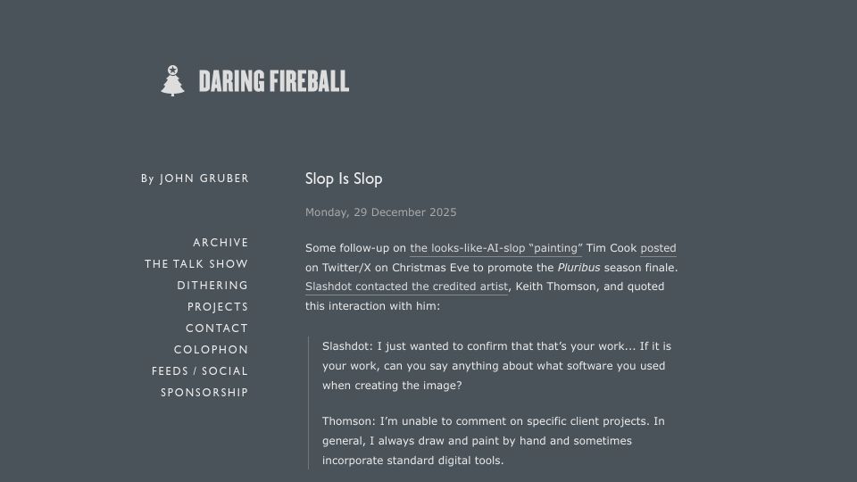 Screenshot of daringfireball.net: Slop Is Slop