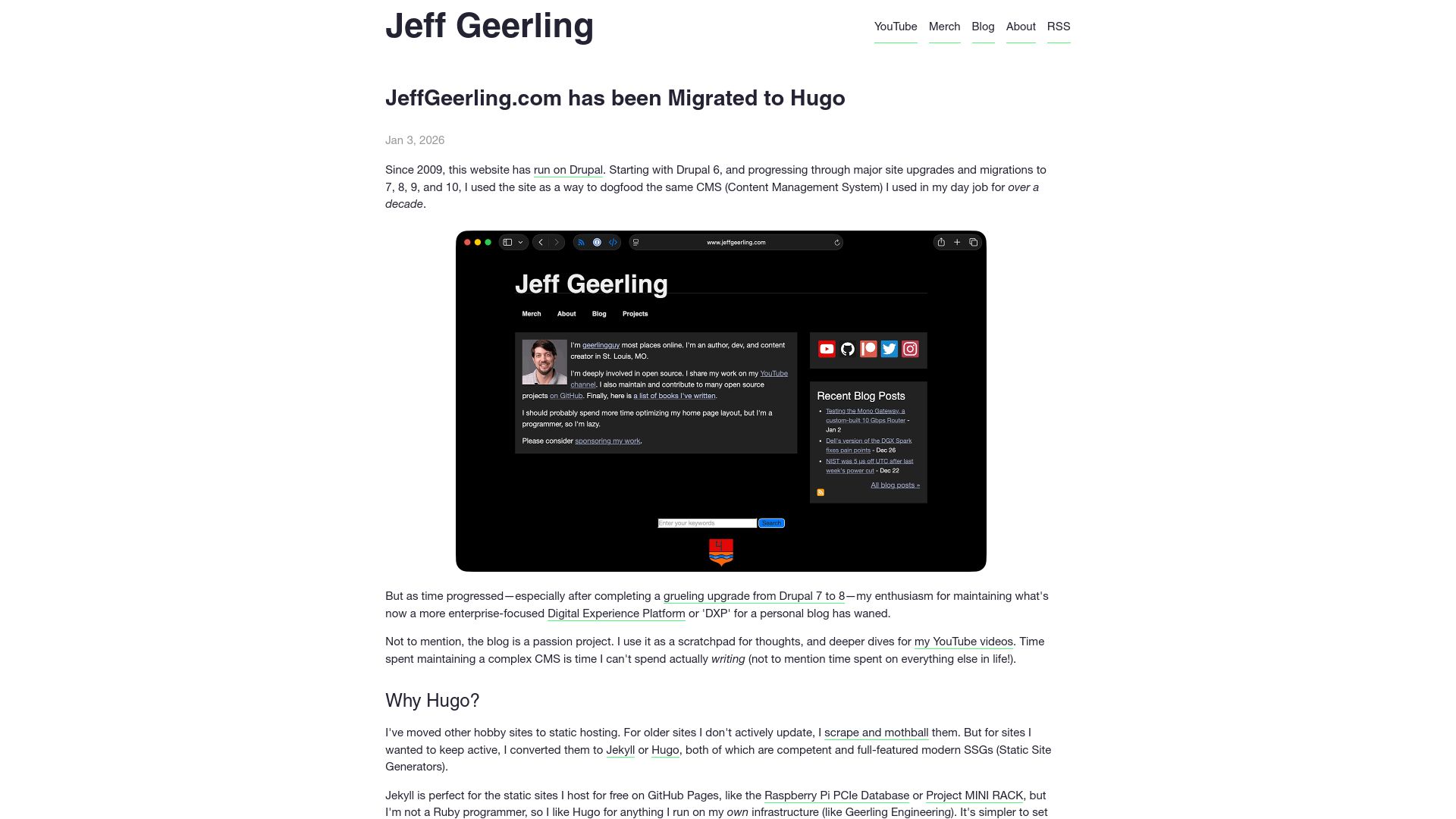 Screenshot of jeffgeerling.com: Jeffgeerling.com has been migrated to Hugo